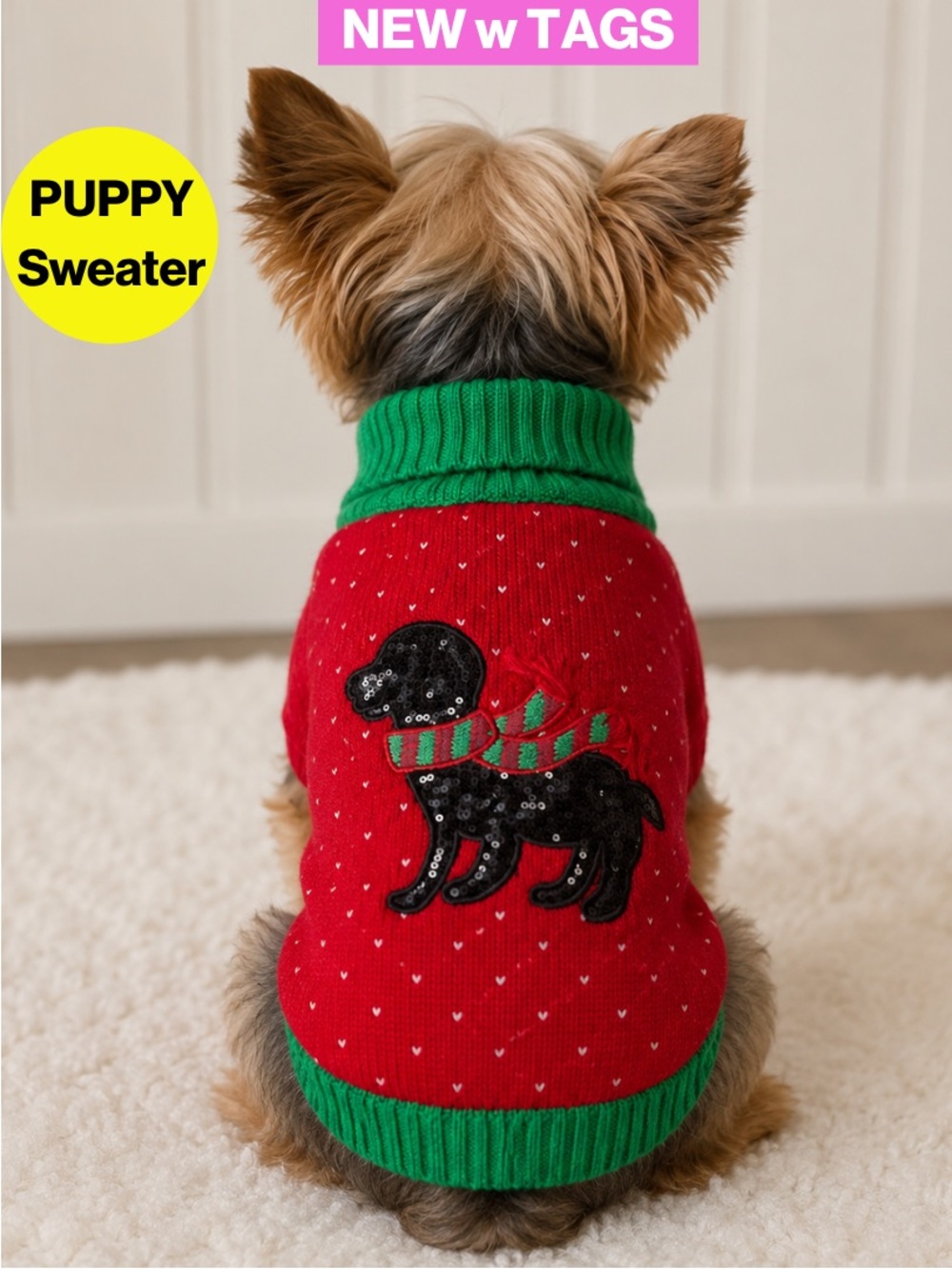 NEW w TAGS 🔖 2/for $20 🪩 Holiday Puppy Sweater Red, Green Polka Dot (Medium)